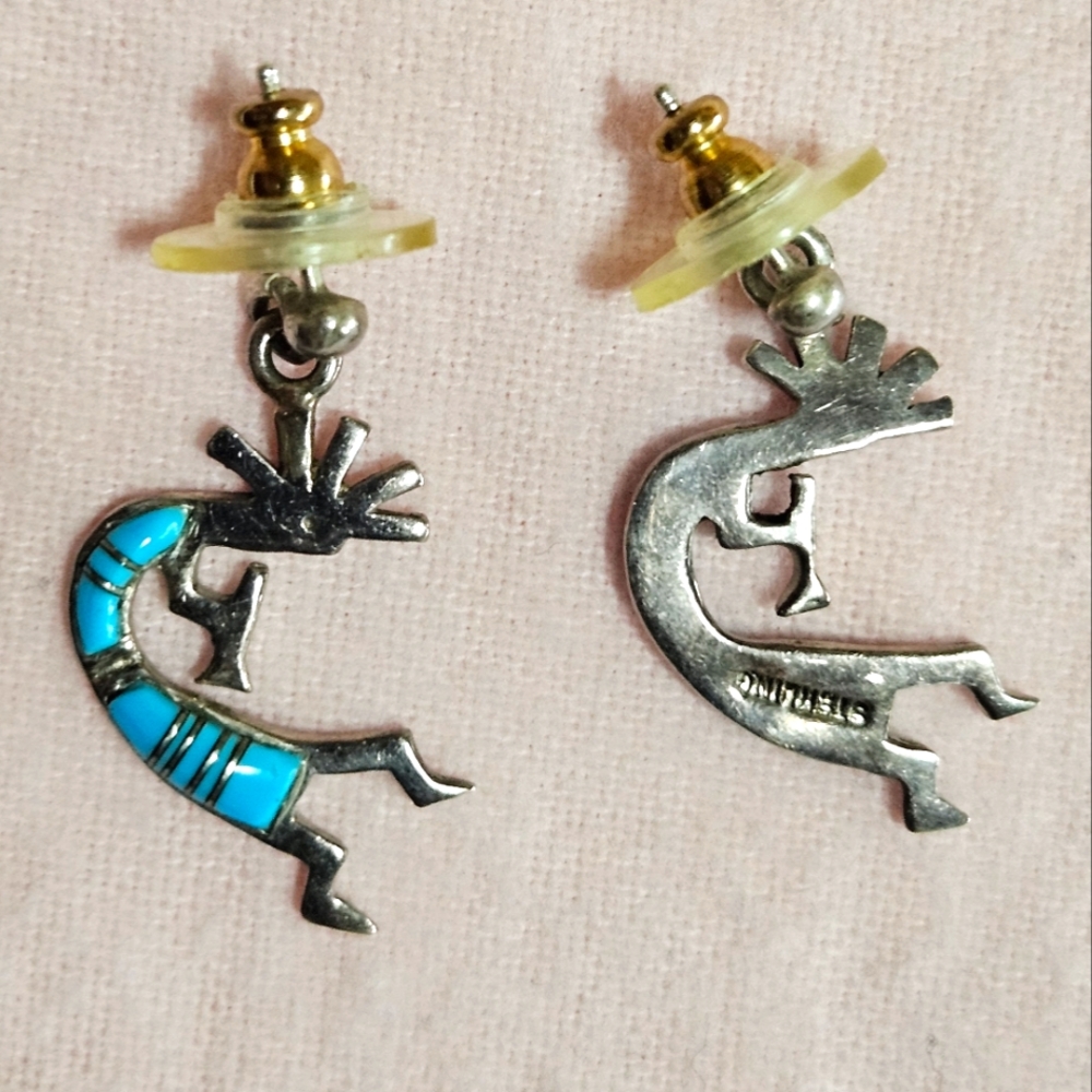 SOLD! Southwest Kokopelli Sterling Silver Turquoise Inlay Earrings